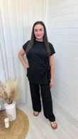 Black Two-Piece Loungewear Set with Side Tie Top and Wide Leg Pants