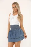Blue Denim Mini Skirt With Shirred Waist and Ruffles