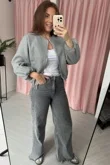 Grey Zip Up Cropped Bomber Jacket With Puff Sleeves