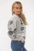 Dove Grey Womens Faux Leather Cropped Graphic Bomber Jacket