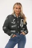 Black Womens Faux Leather Cropped Graphic Bomber Jacket