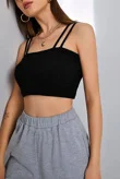 Black Rib Knit Double Strap Crop Top