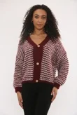 Wine Chunky Knit Buttoned V Neck Cardigan