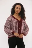 Wine Chunky Knit Buttoned V Neck Cardigan