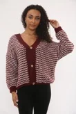 Wine Chunky Knit Buttoned V Neck Cardigan