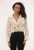 Faux Leather Cropped Belted Jacket With Fur Collar And Cuffs