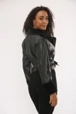 Black Cropped Faux Leather Jacket Styled With Fur Collar And Cuffs