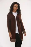 Chocolate Casual Open Front Striped Details Mid Length Wool Cardigan