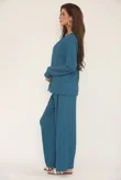 Teal Long Sleeve Gold Button Cheesecloth Top And Trouser Co-Ord Set