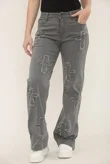Grey Distressed Wide Leg Jeans with Cross Patch Detail