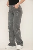 Grey Distressed Wide Leg Jeans with Cross Patch Detail