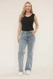 Blue Distressed Wide Leg Jeans with Cross Patch Detail