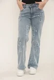 Blue Distressed Wide Leg Jeans with Cross Patch Detail