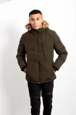 Mens Khaki Faux Fur Hood Puffer Jacket