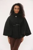 Black Wool Blend Cape Coat With Belt