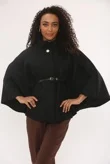 Black Wool Blend Cape Coat With Belt