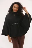 Black Wool Blend Cape Coat With Belt