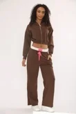 Mocha Graphic Badge Zip Up Cropped Hoodie With Contrast Trouser Co-Ord Set