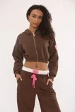 Mocha Graphic Badge Zip Up Cropped Hoodie With Contrast Trouser Co-Ord Set