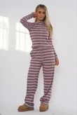 Wine Multi-Stripe Long Sleeve Buttoned Top And Trousers Co-Ord Set