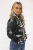 Black Womens Faux Leather Cropped Graphic Bomber Jacket