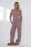 Wine Multi-Stripe Long Sleeve Buttoned Top And Trousers Co-Ord Set