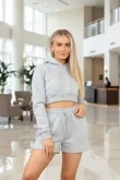 Dove Grey Crucifix Embroidered Cropped Hoodie Shorts Set