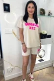 Beige Brooklyn NYC Embroidered Oversized T-shirt and Shorts Set