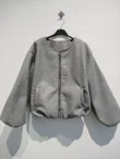Grey Zip Up Cropped Bomber Jacket With Puff Sleeves