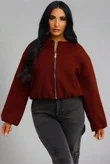Wine Zip Up Cropped Bomber Jacket With Puff Sleeves