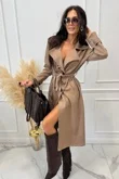 Camel Suede Belted Trench Coat With Buttons