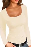 Cream Stretchable Square Neck Long Sleeve Top
