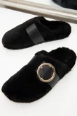 Black Faux Fur Buckle Detail Mule Slipper
