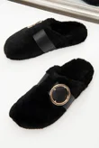 Black Faux Fur Buckle Detail Mule Slipper
