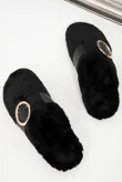 Black Faux Fur Buckle Detail Mule Slipper