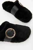 Black Faux Fur Buckle Detail Mule Slipper