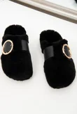 Black Faux Fur Buckle Detail Mule Slipper