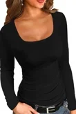 Black Stretchable Square Neck Long Sleeve Top