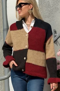Brown Colour Block Wool Blend Button Up Knit Cardigan