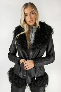 Black Faux Fur Trim PU Biker Jacket