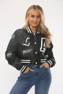 Black Womens Faux Leather Cropped Graphic Bomber Jacket