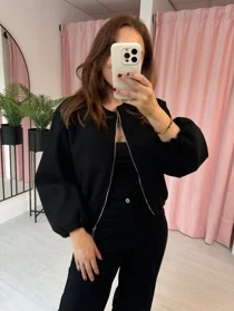 Black Zip Up Cropped Bomber Jacket With Puff Sleeves