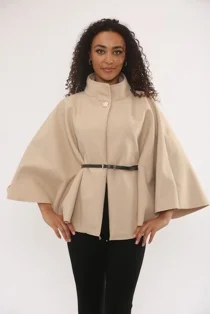 Beige Wool Blend Cape Coat With Belt