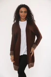 Chocolate Casual Open Front Striped Details Mid Length Wool Cardigan