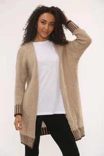 Beige Wool Blend Cardigan With Contrast Stripes