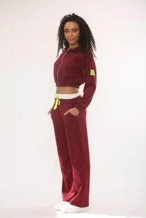 Wine Graphic Badge Zip Up Cropped Hoodie With Contrast Trouser Co-Ord Set