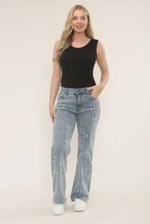 Blue Distressed Wide Leg Jeans with Cross Patch Detail