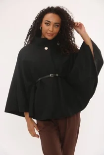 Black Wool Blend Cape Coat With Belt