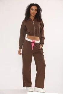 Mocha Graphic Badge Zip Up Cropped Hoodie With Contrast Trouser Co-Ord Set