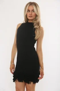 Black Ribbed Knit Sleeveless Turtleneck Frilled Hem Mini Dress